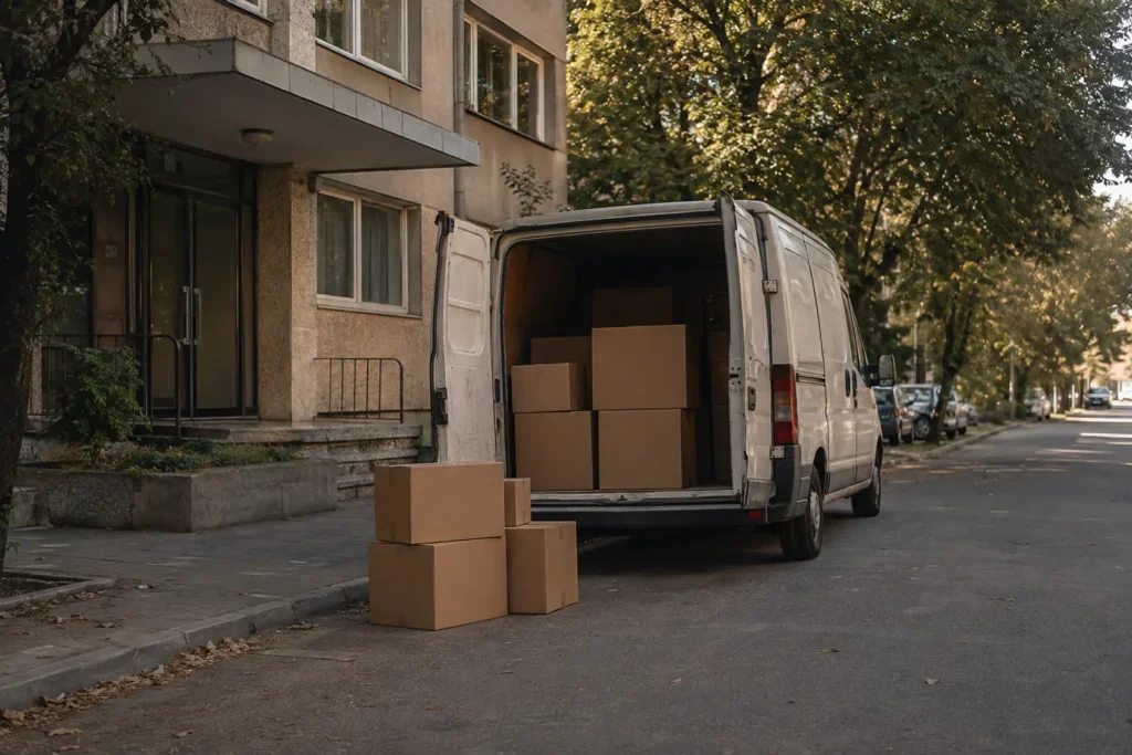 Furgoneta de mudanza con cajas frente a un edificio residencial de Sofía