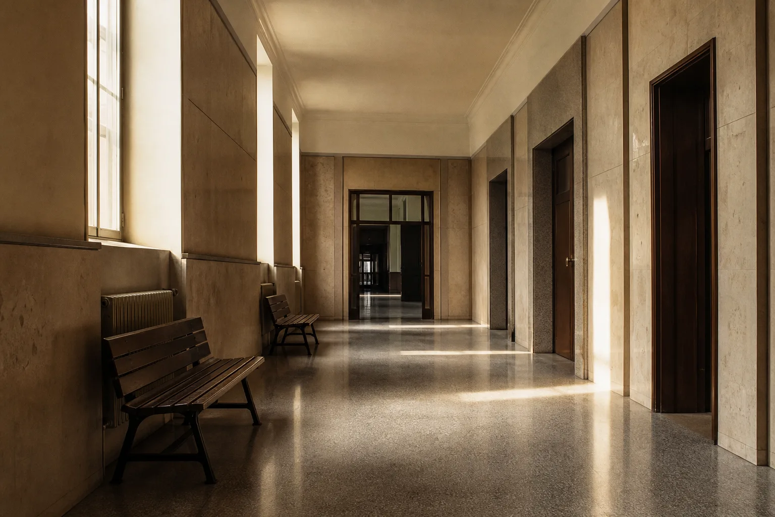 Pasillo de una oficina administrativa con bancos de madera