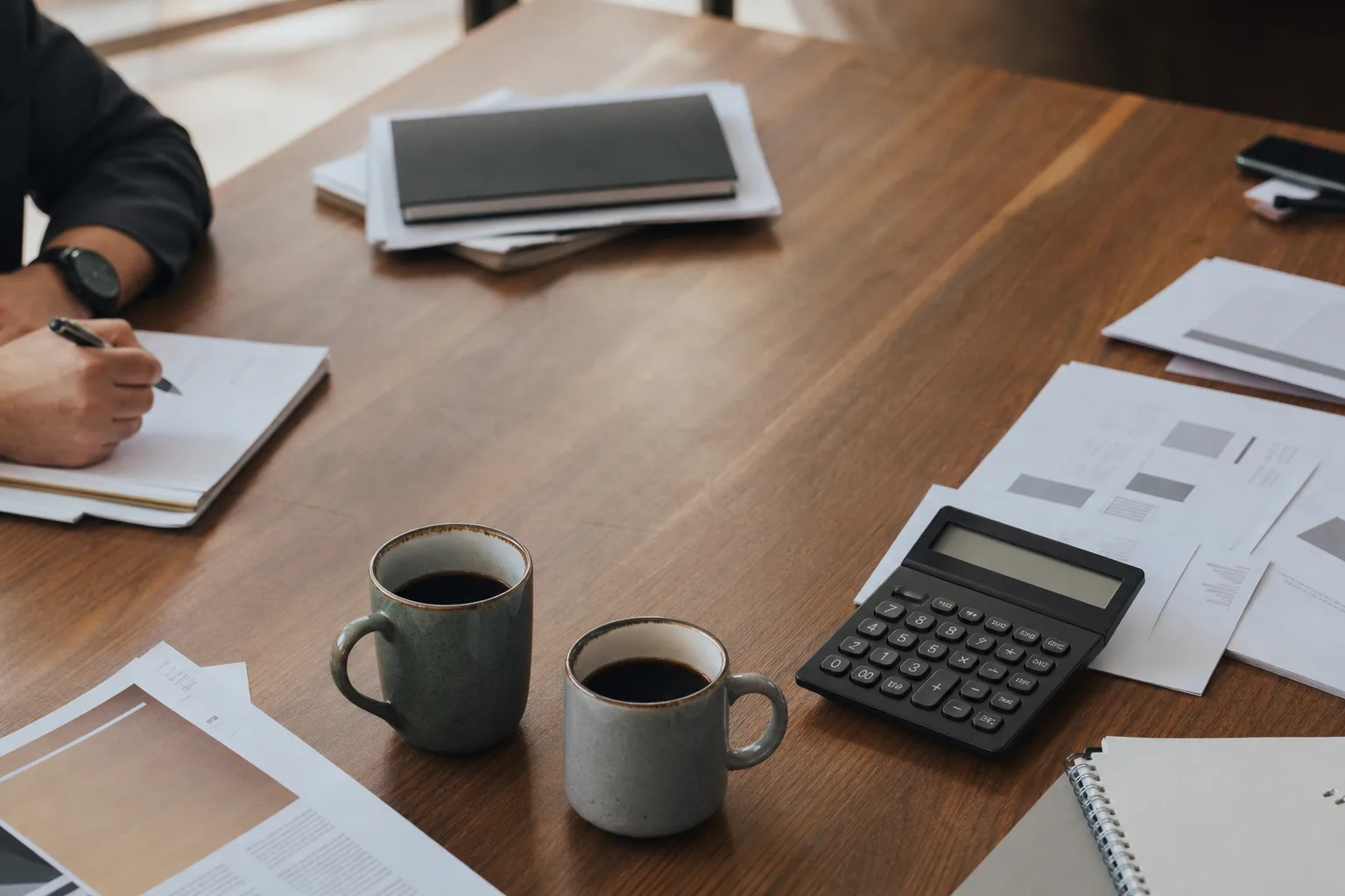 Dos cafés sobre una mesa de oficina con papeles