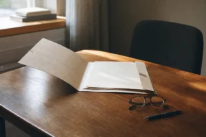 Carpeta abierta sobre un escritorio de madera