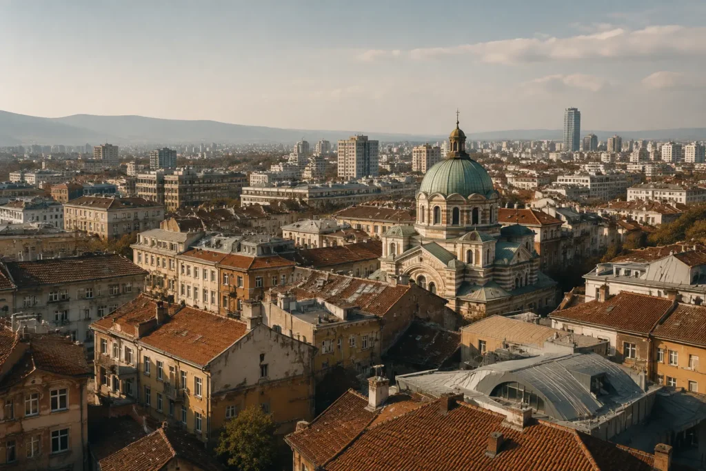 Cúpula de una iglesia sobre los tejados de la ciudad