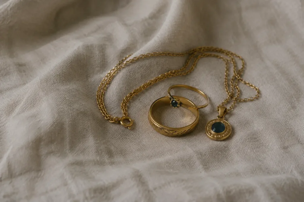 Joyas de oro sobre un paño de lino