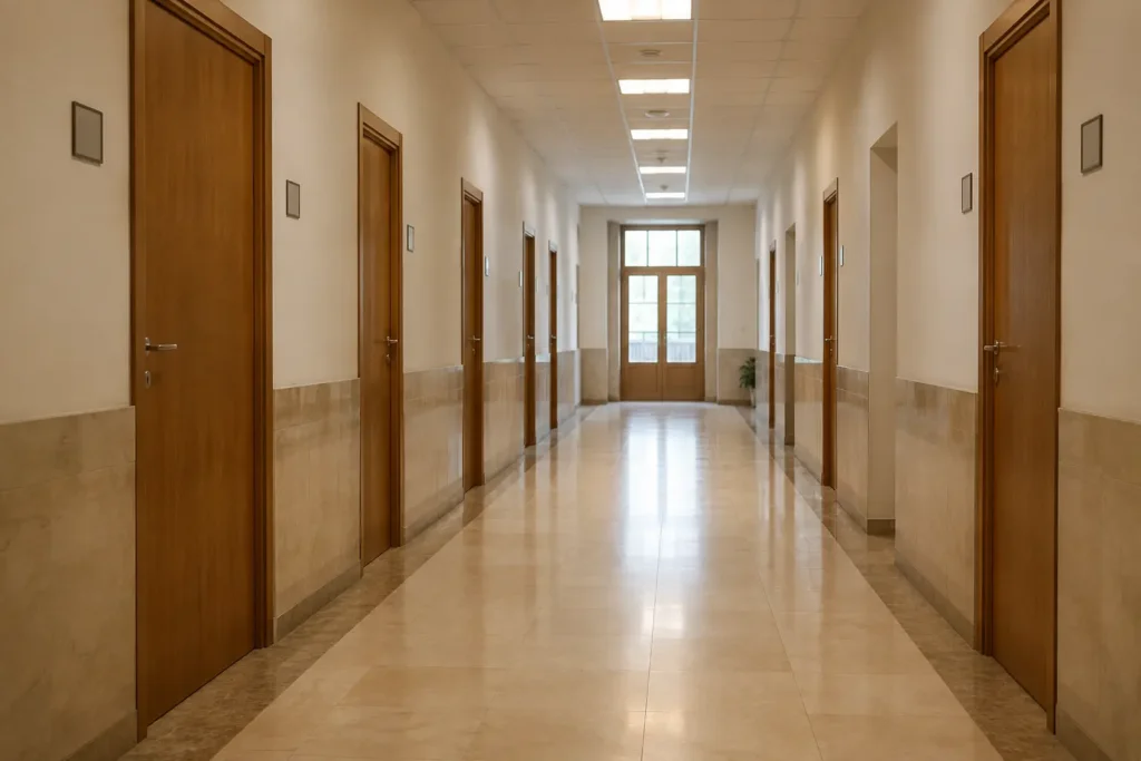 Pasillo de oficina administrativa con puertas de madera